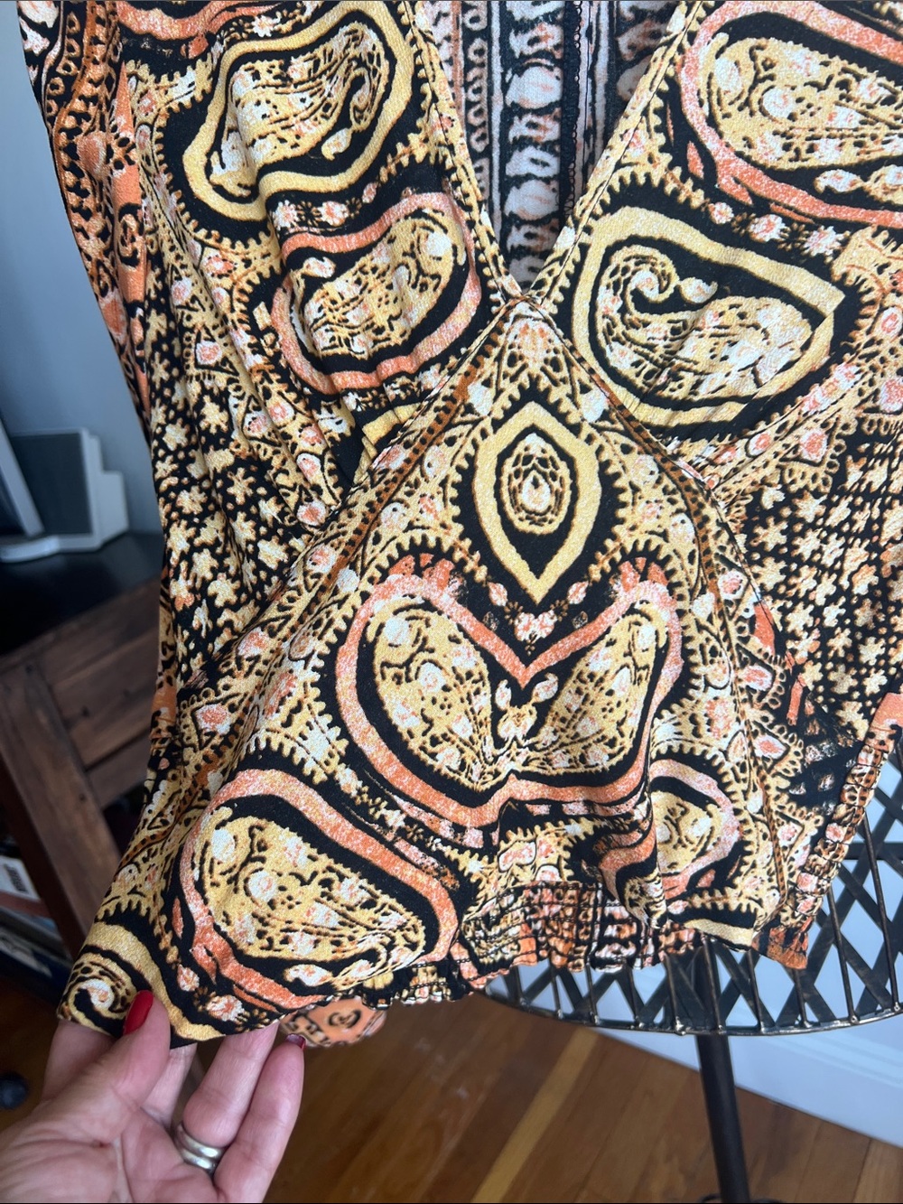 Free People Orange and Gold Paisley V-Neck Long Sleeve Crop Top - Picture 9 of 13